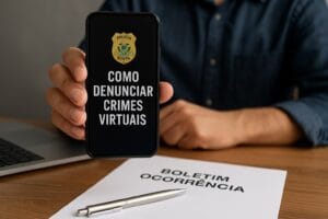 Homem segurando celular com a mensagem “Como denunciar crimes virtuais” e brasão da polícia na tela, ilustrando denúncia de golpes digitais.